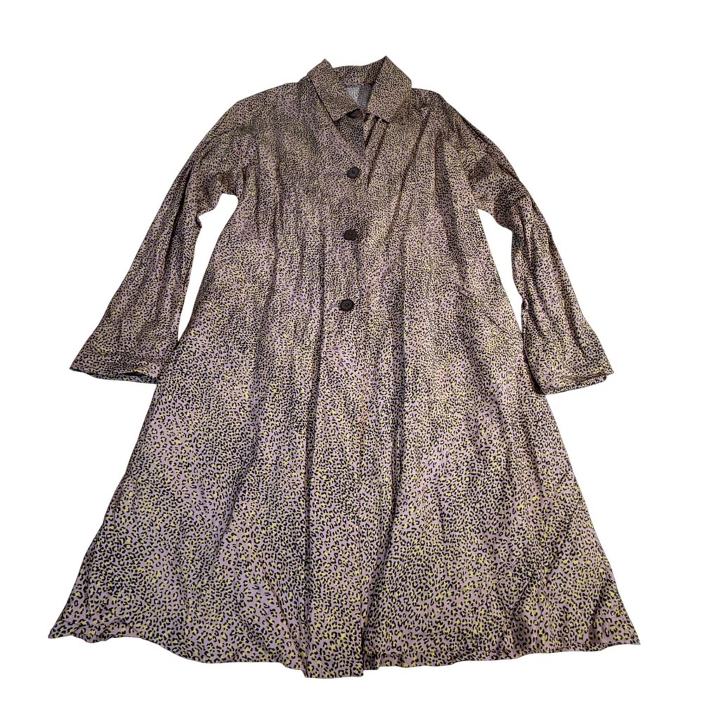 Peter Cohen Duster Coat M Purple Yellow Leopard Print Button Front Long Sleeve